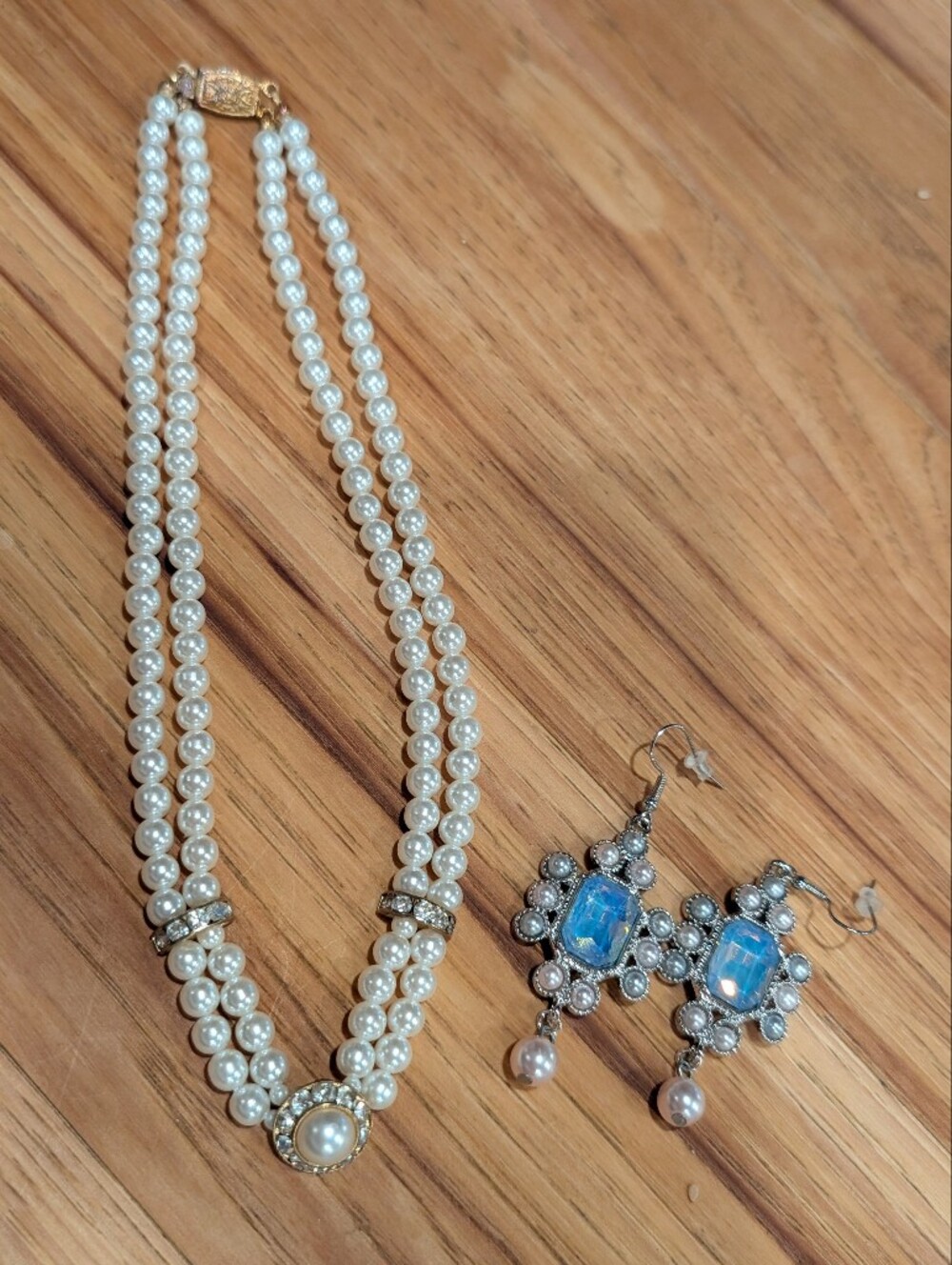 Classic White Pearl Double Strand Necklace With Matched Earrings